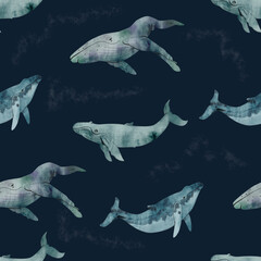 Seamless pattern with watercolor whales