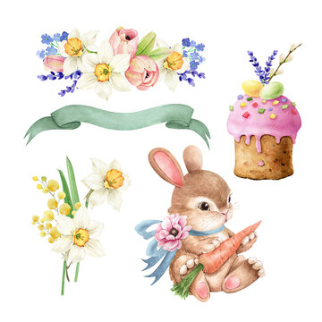 set of watercolor illustrations for Easter holiday with rabbit, spring flowers and Easter cake, hand painted on white background	