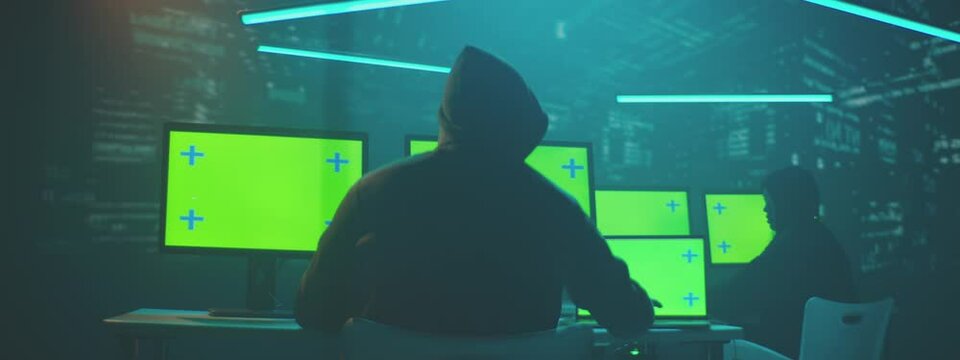 Hackers working in hi-tech workspace with a greenscreen computer displays and code animaton in background.