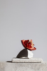 Concrete objects and fruit contemporary balancing composition. Modern abstract still life