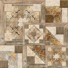 3D render ceramic wall tiles decoration. Abstract damask patchwork pattern