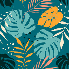 Obraz premium vector seamless pattern with hand drawn tropical ornament, palm leaves in green tones. jungle pattern. trend flat pattern for printing on fabric. clothes, wrapping paper