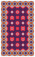 Pattern rug from a central part consisting of circular shapes and a frame consisting of geometric flowers and stars. Poster design.