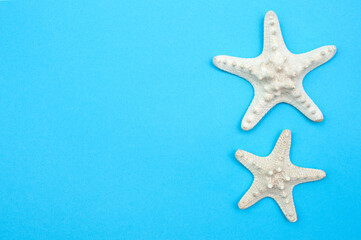 Travel background. Starfishes on a blue background