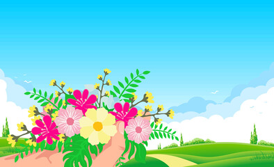 Fototapeta na wymiar Hand with wildflowers on springtime landscape background. Blue sky with clouds, green meadow and yellow road. Vector for greeting card