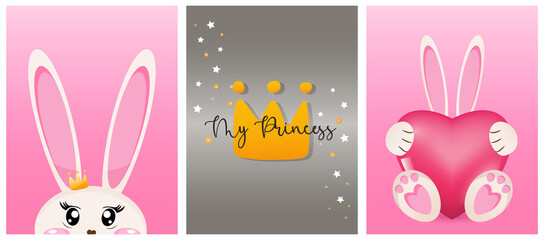 Cute bunny, rabbit with pink heart and princess crown cards. Vector illustration.