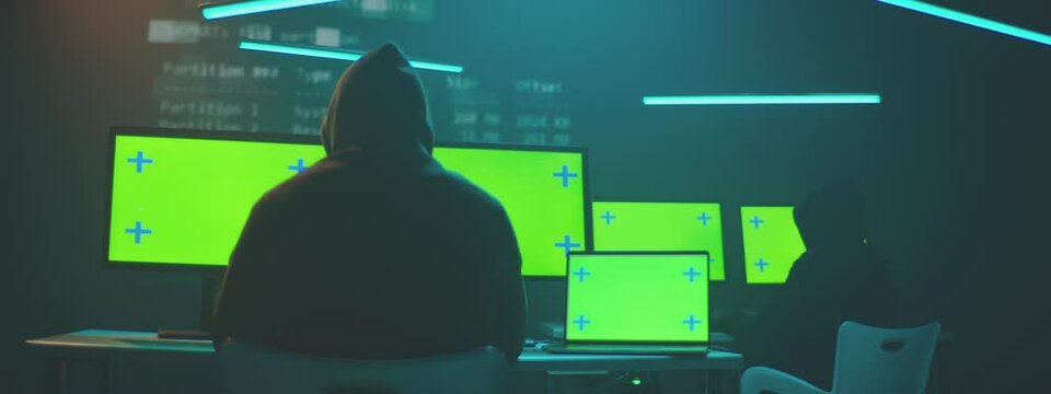 Hackers hacking a system in a secret workspace. Greenscreen computer displays and glitch code animaton in background.