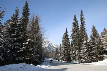 Snowy mountain street in the Banff, Alberta. Active winter vacation concept