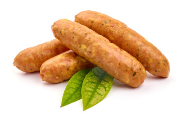 Smoked sausages for grill, isolated on white background. High resolution image