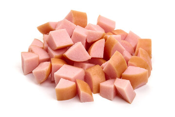 Diced sausage, isolated on white background. High resolution image
