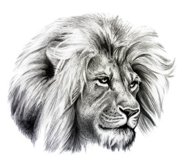 Pencil drawing of Lion head. Isolated on white background.