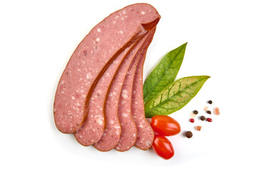 Smoked sausage slices, isolated on white background. High resolution image