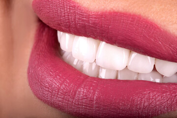 Perfect Close Up Sensual sexy Seductive Plump Lips woman smile . White beautiful Teeth bleaching...