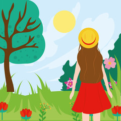 Obraz na płótnie Canvas Spring landscape and girl with red dress vector design