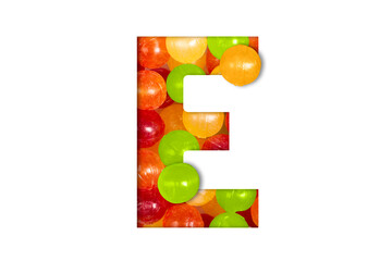 Candy or lollipop alphabet isolated on white background. Latin Food alphabet. Candy letter E.