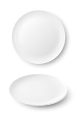 Vector 3d Realistic White Food Empty and Blank Porcelain Ceramic Plate Icon Set Closeup Isolated on White Background. Design Template, Mock up. Front and Top View