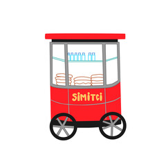 Vector illustration of traditional red Turkish street food cart with sesame bagel Simit isolated on white background