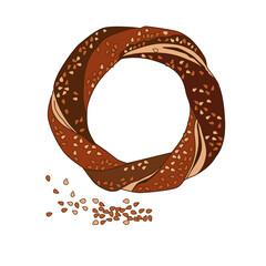 Traditional Turkish bagel simit. Turkish bagel with sesame seeds. Vector illustration on a white background.