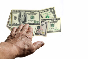 Man's hand and dollars isolated on white background