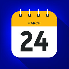 March day 24. Number twenty-four on a white paper with yellow color border on a blue background vector.