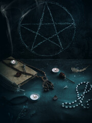 Black magic, the altar with the sign of the pentagram. A ritual to summon the devil or an evil...