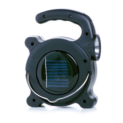 LED camping flashlight with solar battery on white background isolation
