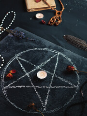 the ritual of black magic, the concept of occultism, a drawn pentagram on a blackboard, an old...