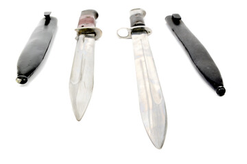 Front view of the blades of two bayonet knives for a rifle