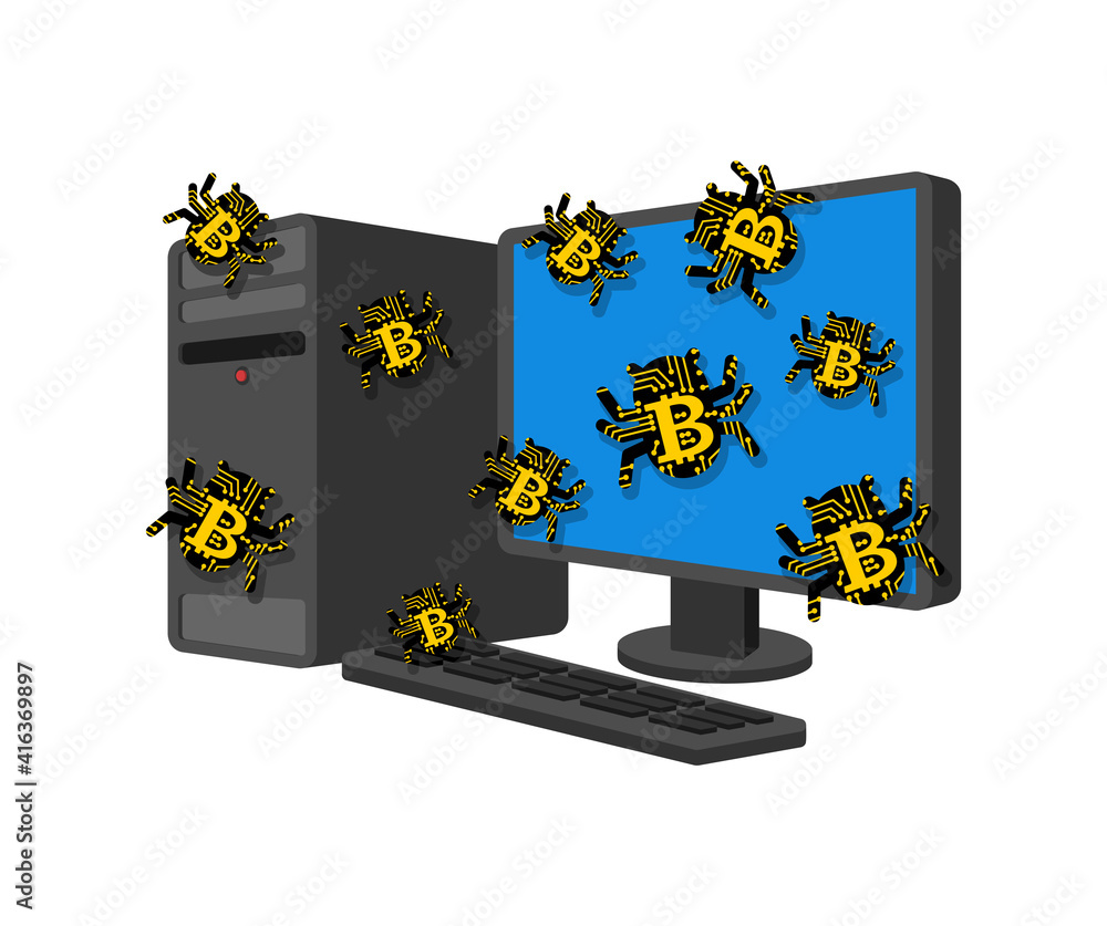 Poster bitcoin virus bug infected computer. digital currency computer virus.