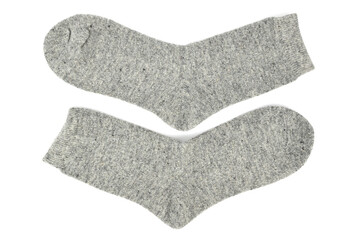 Pair of gray woolen socks isolated on white background