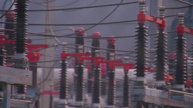 transformers in a row at substation at power plant