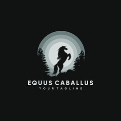 Obraz premium Animal Silhouette Vector Illustration Logo Designs, Horse Logo, Sunrise and sunset. Landscape wallpaper. Illustration vector style. Colorful view background