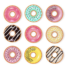 Glazed colored donuts set 3D. Vector illustration