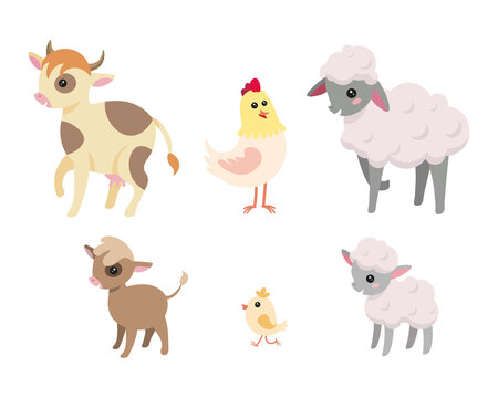 Cute children's illustrations with animals that live on the farm - a cow, a lamb, sheeps, a hen and a chicken 
in cartoon style, children's art book. Isolated on white background vector image.  