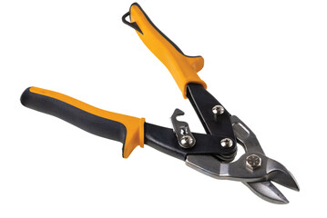 Close up view of cutter for sheet metal on white background isolated. Working tools concept.