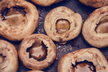 top view of fresh mushrooms are baked in the traditional way