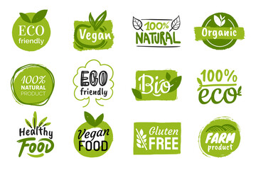 Set of eco friendly green badges design. Collection of vegan ,bio, organic food, gluten free, and natural products labels. Eco stickers for labeling package, food, cosmetics. Hand drawn style. - obrazy, fototapety, plakaty