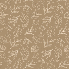 Seamless pattern of leafs and acorns. Vector  background. Autumn theme.