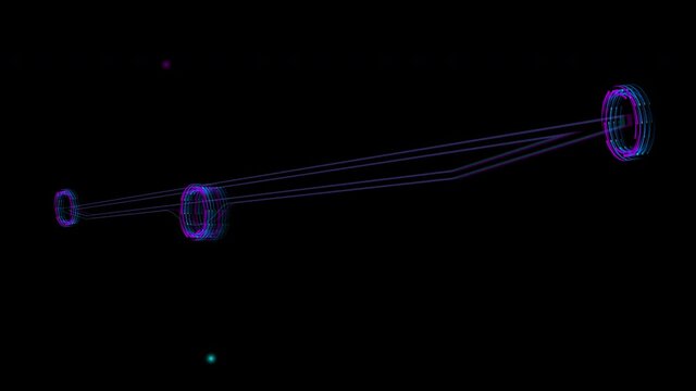 Animation of Colorful Seesaw with Rotating Circles. Neon Object Isolated on Night Starry Sky. Loop Seamless Stock Footage. 3D Graphic