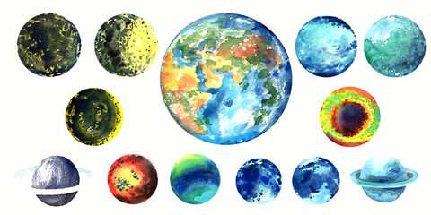 Space planets  clip art.  Earth,  moon, saturn, mars, pluto, stern, venus. Isolated elements.
 Stock illustration. Hand painted in watercolor.