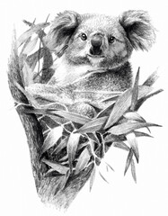 Koala bear isolated on white background. Pencil drawing, monochrome image © Анастасия Фирсова