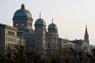 Fototapeta na wymiar Federal Palace of Switzerland (German Bundeshaus) , residence of national Swiss government and parliament. Photo taken February 14th, 2021, Bern, Switzerland.