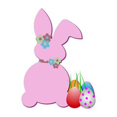 Easter holiday, cheerful easter
bunny. Colorful eggs, red, blue,
pink, yellow. Decoration with flags
Beautiful frame. Family
celebration. Parents, children.
Celebrating at home.  
