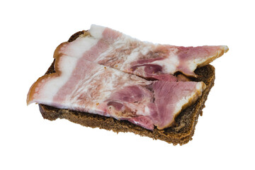 Slice of bacon with meat layers and a slice of black bread on white background isolated