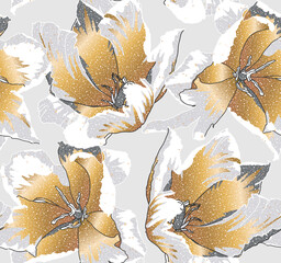 Seamless wallpaper pattern. Blooming gold tulip flowers on a light gray background. Textile composition, hand drawn style print. Vector illustration.