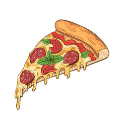 Slice of delicious pizza with sausage, tomatoes, basil and lots of cheese. Vector outline illustration isolated on white background