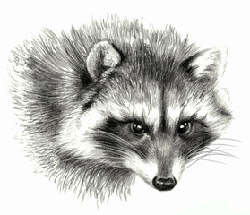 Pencil sketch -  Raccoon portrait, isolated on white