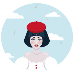 beautiful girl in a red beret, with bright lips, bob haircut, dark hair against a sky of clouds and flying birds, stylized vector graphics