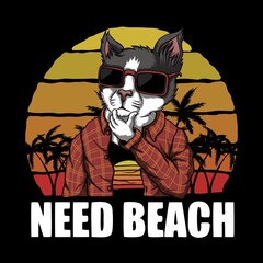 Cat need beach sunset retro vector illustration