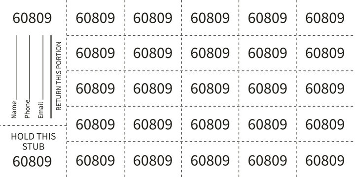 White chinese auction tickets. "Buyer's name, phone & mail" or choose:"Hold this stub".
